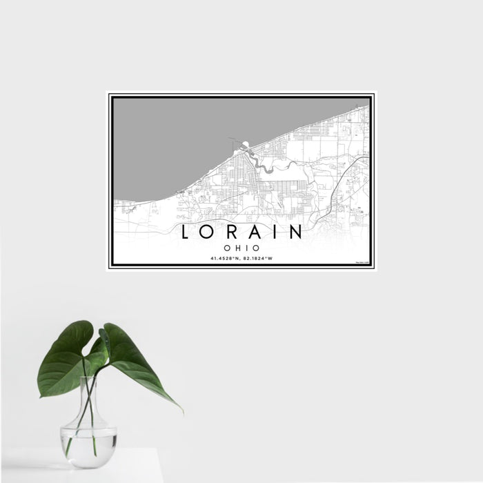 16x24 Lorain Ohio Map Print Landscape Orientation in Classic Style With Tropical Plant Leaves in Water