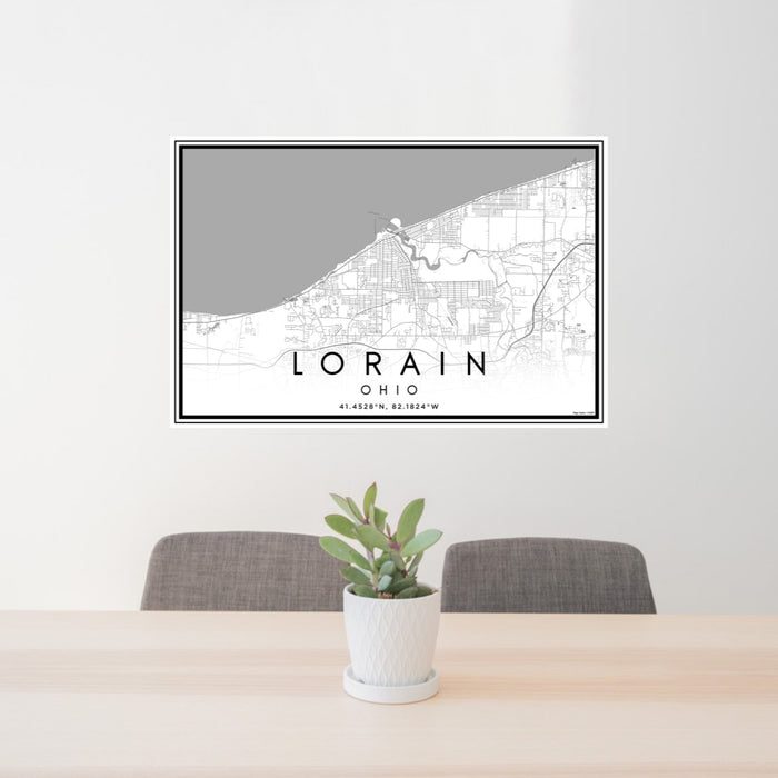 24x36 Lorain Ohio Map Print Landscape Orientation in Classic Style Behind 2 Chairs Table and Potted Plant