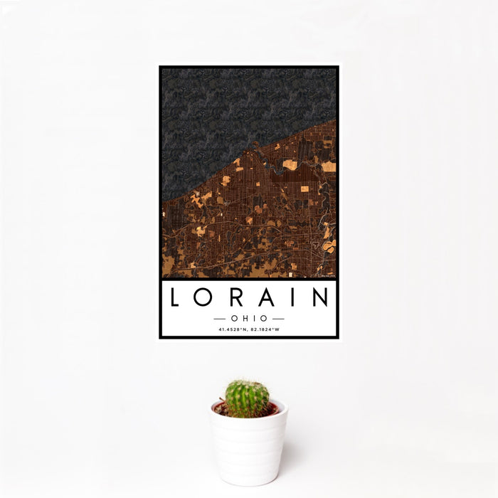 12x18 Lorain Ohio Map Print Portrait Orientation in Ember Style With Small Cactus Plant in White Planter