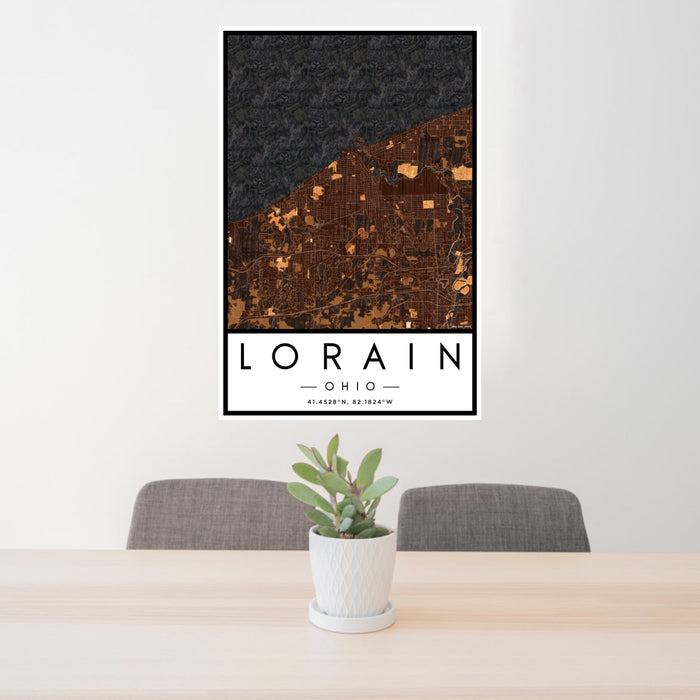 24x36 Lorain Ohio Map Print Portrait Orientation in Ember Style Behind 2 Chairs Table and Potted Plant