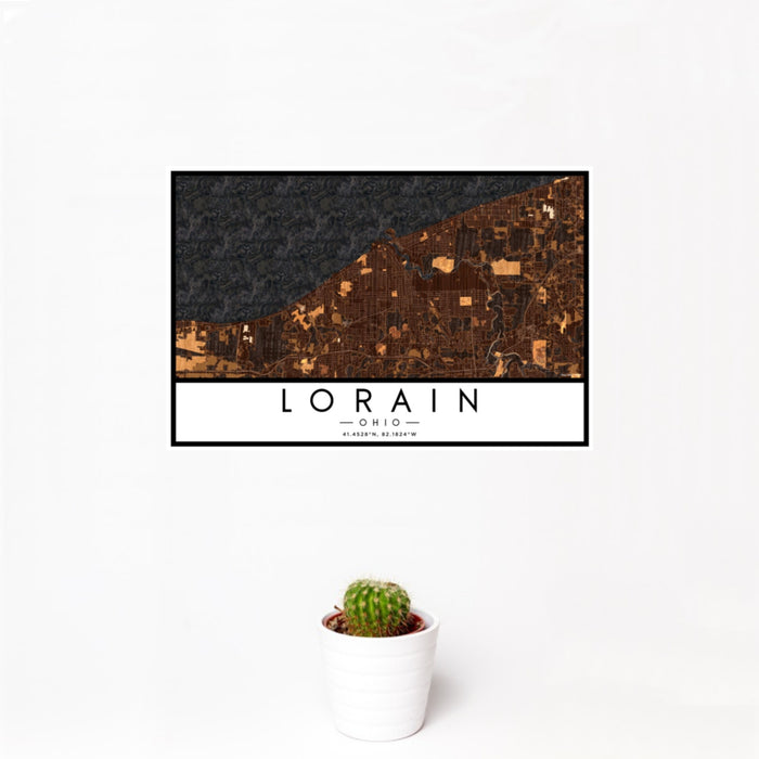12x18 Lorain Ohio Map Print Landscape Orientation in Ember Style With Small Cactus Plant in White Planter