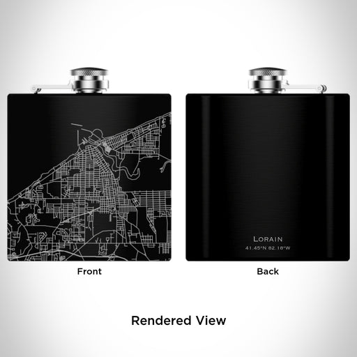 Rendered View of Lorain Ohio Map Engraving on 6oz Stainless Steel Flask in Black