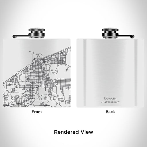 Rendered View of Lorain Ohio Map Engraving on 6oz Stainless Steel Flask in White