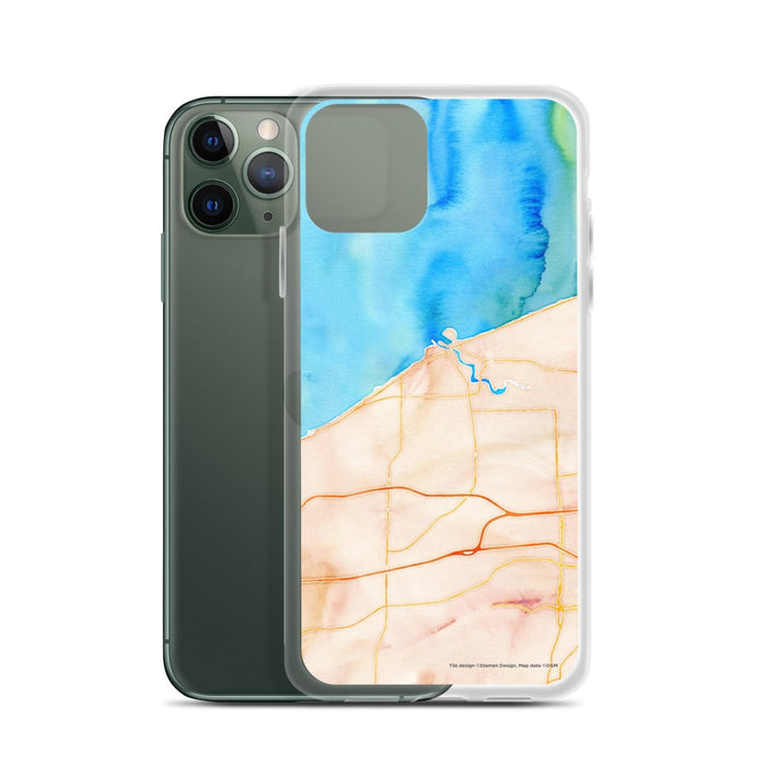 Custom Lorain Ohio Map Phone Case in Watercolor on Table with Laptop and Plant