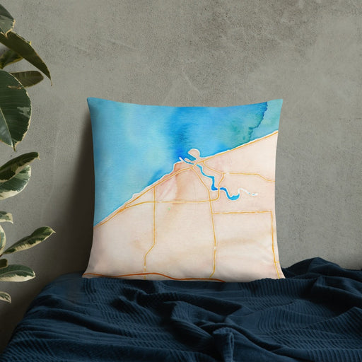 Custom Lorain Ohio Map Throw Pillow in Watercolor on Bedding Against Wall
