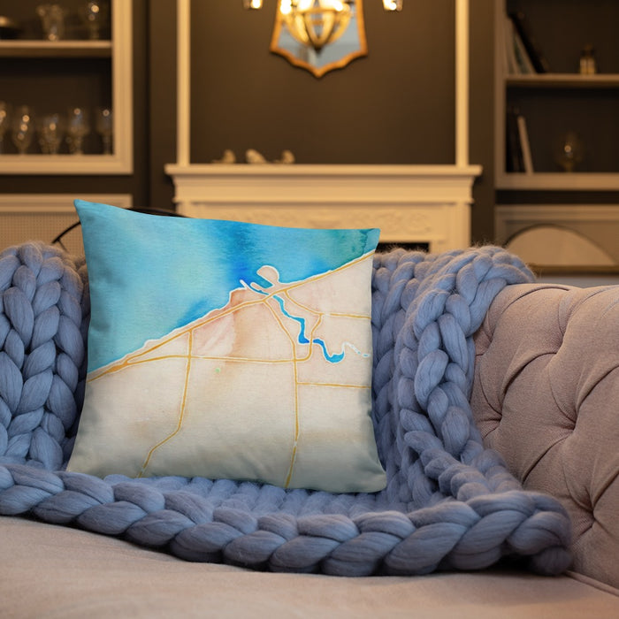 Custom Lorain Ohio Map Throw Pillow in Watercolor on Cream Colored Couch