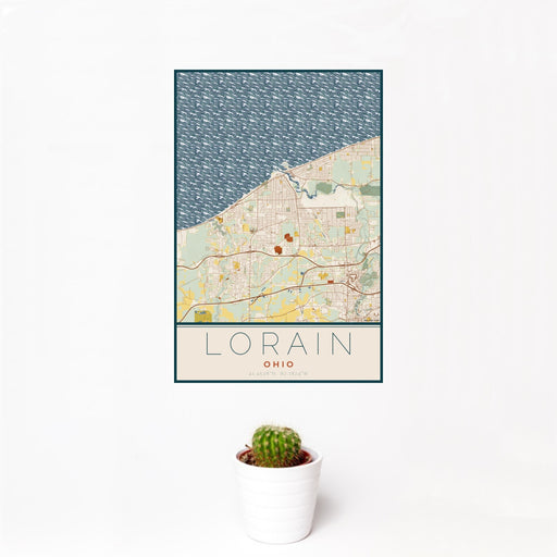 12x18 Lorain Ohio Map Print Portrait Orientation in Woodblock Style With Small Cactus Plant in White Planter