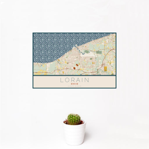 12x18 Lorain Ohio Map Print Landscape Orientation in Woodblock Style With Small Cactus Plant in White Planter