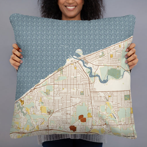 Person holding 22x22 Custom Lorain Ohio Map Throw Pillow in Woodblock