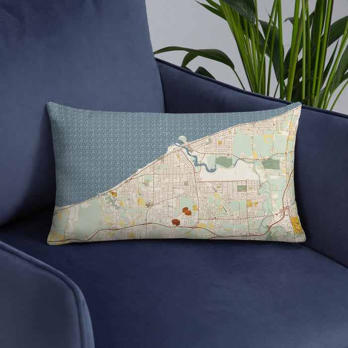 Custom Lorain Ohio Map Throw Pillow in Woodblock on Blue Colored Chair
