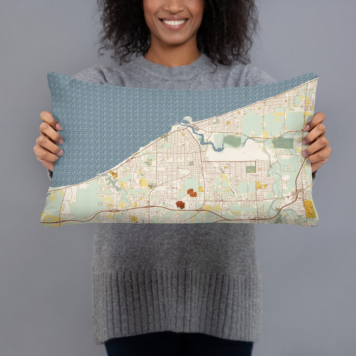Person holding 20x12 Custom Lorain Ohio Map Throw Pillow in Woodblock