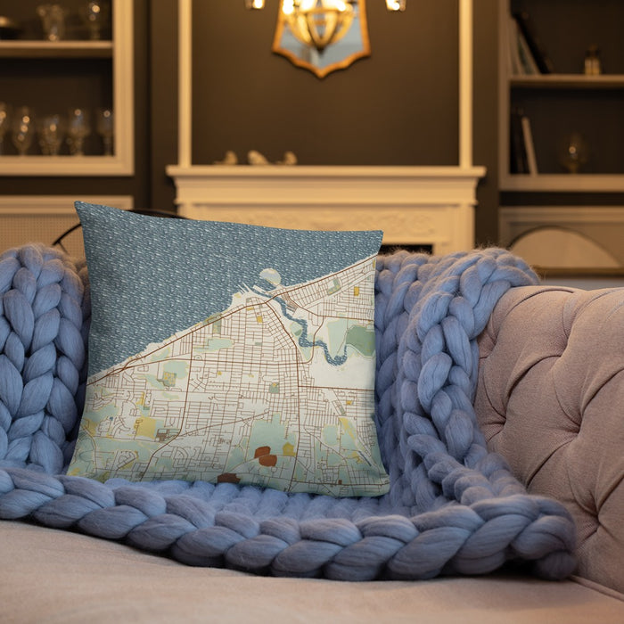 Custom Lorain Ohio Map Throw Pillow in Woodblock on Cream Colored Couch