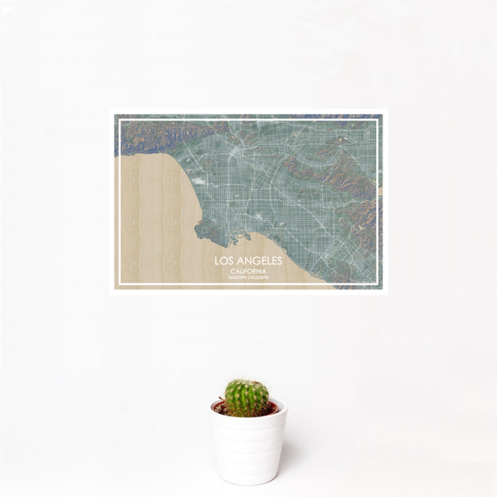 12x18 Los Angeles California Map Print Landscape Orientation in Afternoon Style With Small Cactus Plant in White Planter