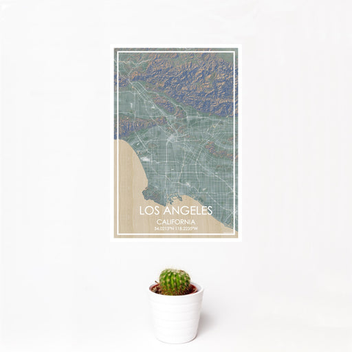 12x18 Los Angeles California Map Print Portrait Orientation in Afternoon Style With Small Cactus Plant in White Planter