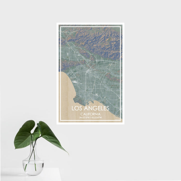 16x24 Los Angeles California Map Print Portrait Orientation in Afternoon Style With Tropical Plant Leaves in Water