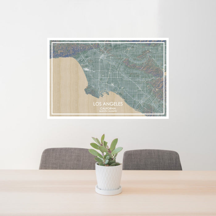 24x36 Los Angeles California Map Print Lanscape Orientation in Afternoon Style Behind 2 Chairs Table and Potted Plant