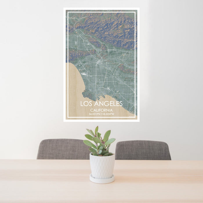 24x36 Los Angeles California Map Print Portrait Orientation in Afternoon Style Behind 2 Chairs Table and Potted Plant
