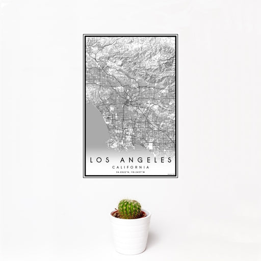 12x18 Los Angeles California Map Print Portrait Orientation in Classic Style With Small Cactus Plant in White Planter