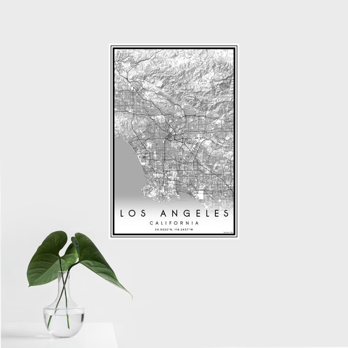 16x24 Los Angeles California Map Print Portrait Orientation in Classic Style With Tropical Plant Leaves in Water