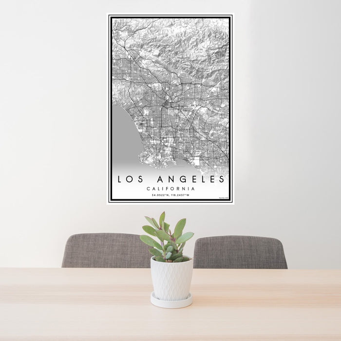 24x36 Los Angeles California Map Print Portrait Orientation in Classic Style Behind 2 Chairs Table and Potted Plant