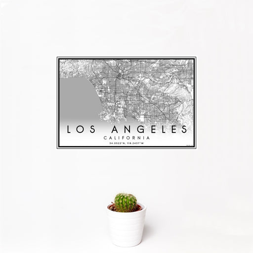 12x18 Los Angeles California Map Print Landscape Orientation in Classic Style With Small Cactus Plant in White Planter