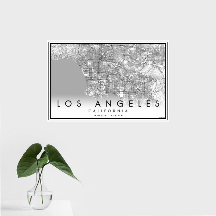16x24 Los Angeles California Map Print Landscape Orientation in Classic Style With Tropical Plant Leaves in Water