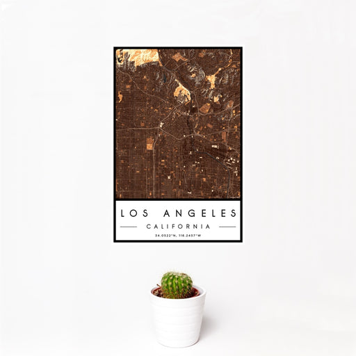 12x18 Los Angeles California Map Print Portrait Orientation in Ember Style With Small Cactus Plant in White Planter