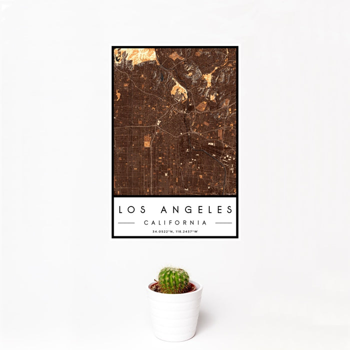 12x18 Los Angeles California Map Print Portrait Orientation in Ember Style With Small Cactus Plant in White Planter
