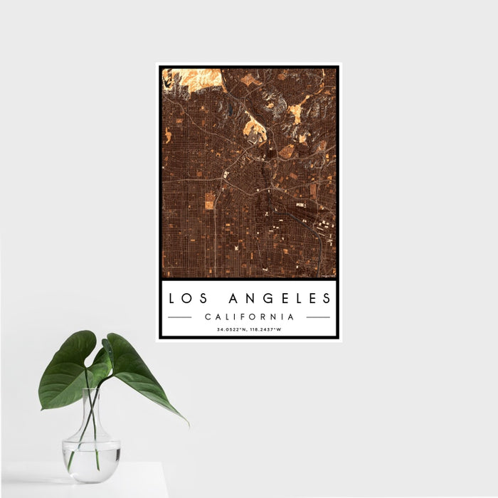 16x24 Los Angeles California Map Print Portrait Orientation in Ember Style With Tropical Plant Leaves in Water