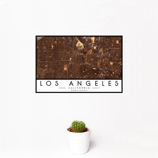 12x18 Los Angeles California Map Print Landscape Orientation in Ember Style With Small Cactus Plant in White Planter
