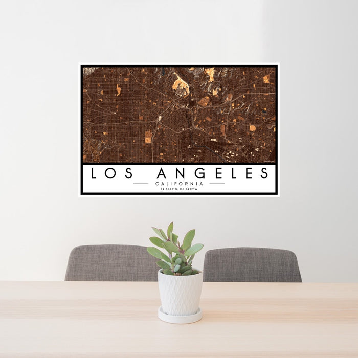 24x36 Los Angeles California Map Print Landscape Orientation in Ember Style Behind 2 Chairs Table and Potted Plant