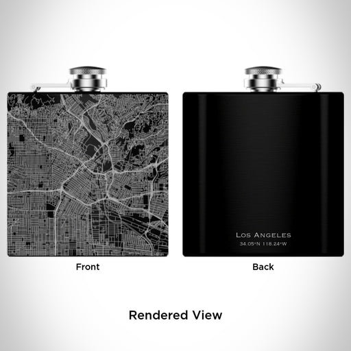 Rendered View of Los Angeles California Map Engraving on 6oz Stainless Steel Flask in Black