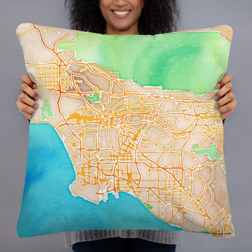 Person holding 22x22 Custom Los Angeles California Map Throw Pillow in Watercolor
