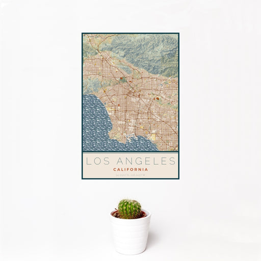 12x18 Los Angeles California Map Print Portrait Orientation in Woodblock Style With Small Cactus Plant in White Planter