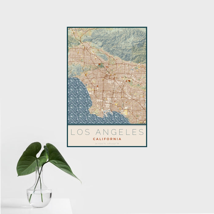 16x24 Los Angeles California Map Print Portrait Orientation in Woodblock Style With Tropical Plant Leaves in Water