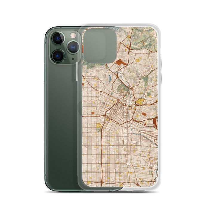 Custom Los Angeles California Map Phone Case in Woodblock on Table with Laptop and Plant
