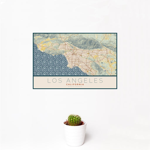 12x18 Los Angeles California Map Print Landscape Orientation in Woodblock Style With Small Cactus Plant in White Planter