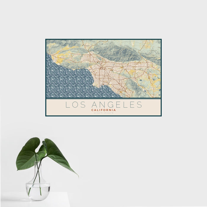 16x24 Los Angeles California Map Print Landscape Orientation in Woodblock Style With Tropical Plant Leaves in Water