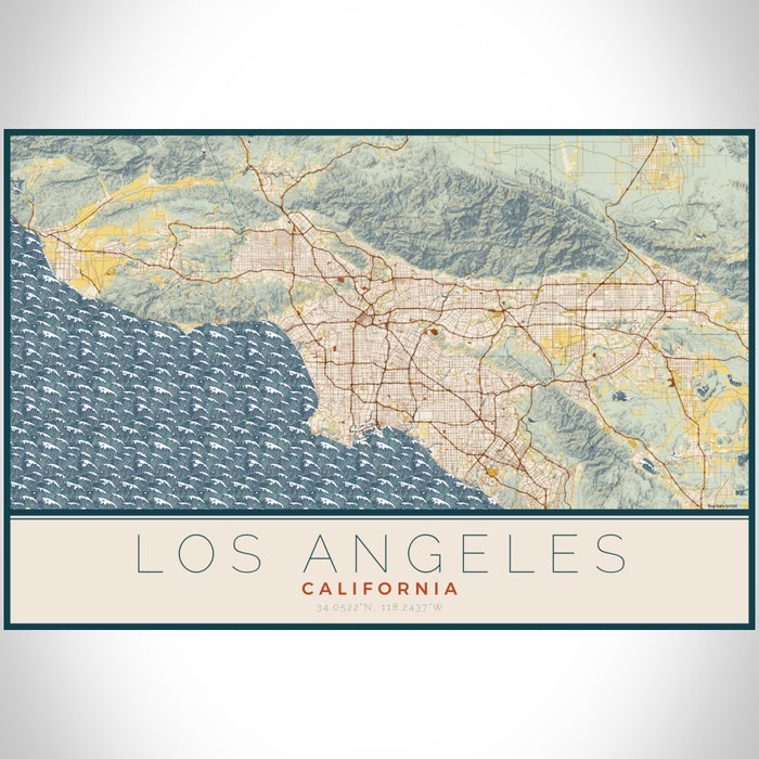 Los Angeles California Map Print Landscape Orientation in Woodblock Style With Shaded Background