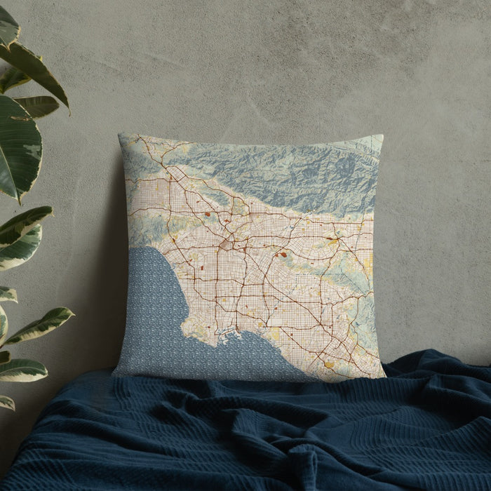 Custom Los Angeles California Map Throw Pillow in Woodblock on Bedding Against Wall