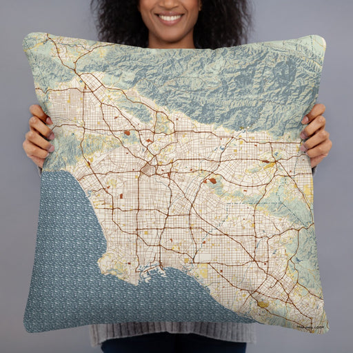 Person holding 22x22 Custom Los Angeles California Map Throw Pillow in Woodblock