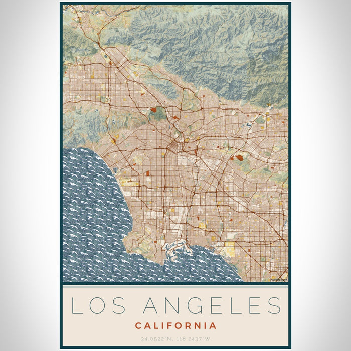 Los Angeles California Map Print Portrait Orientation in Woodblock Style With Shaded Background
