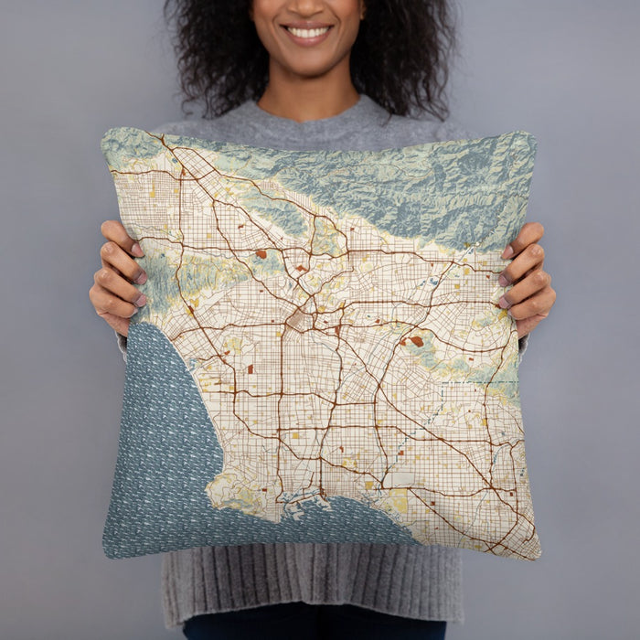Person holding 18x18 Custom Los Angeles California Map Throw Pillow in Woodblock