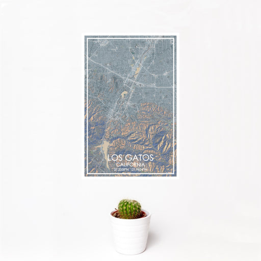 12x18 Los Gatos California Map Print Portrait Orientation in Afternoon Style With Small Cactus Plant in White Planter