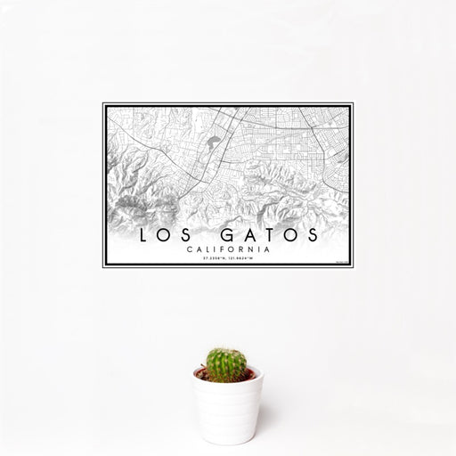 12x18 Los Gatos California Map Print Landscape Orientation in Classic Style With Small Cactus Plant in White Planter
