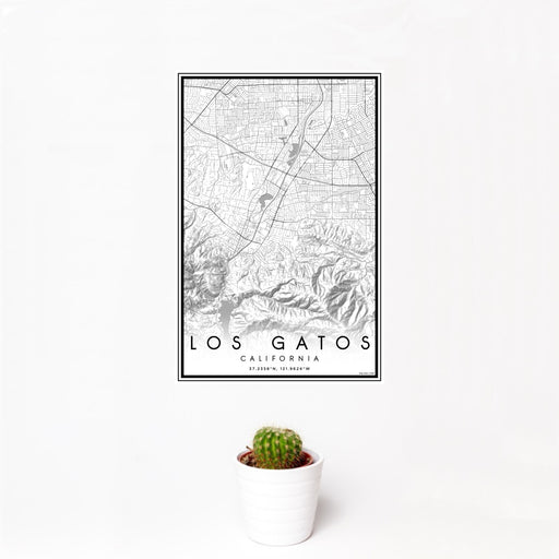 12x18 Los Gatos California Map Print Portrait Orientation in Classic Style With Small Cactus Plant in White Planter