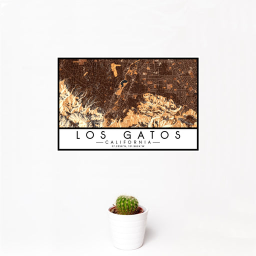 12x18 Los Gatos California Map Print Landscape Orientation in Ember Style With Small Cactus Plant in White Planter