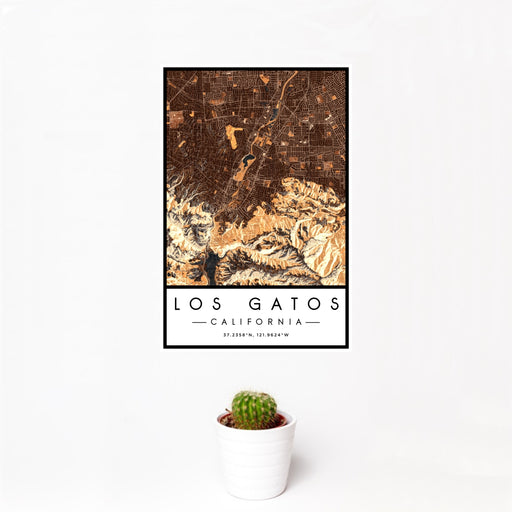 12x18 Los Gatos California Map Print Portrait Orientation in Ember Style With Small Cactus Plant in White Planter
