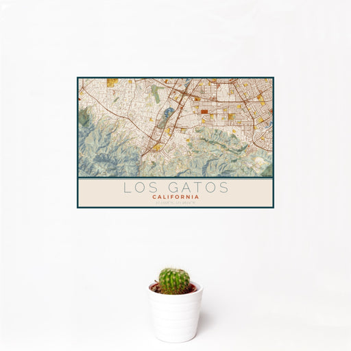 12x18 Los Gatos California Map Print Landscape Orientation in Woodblock Style With Small Cactus Plant in White Planter