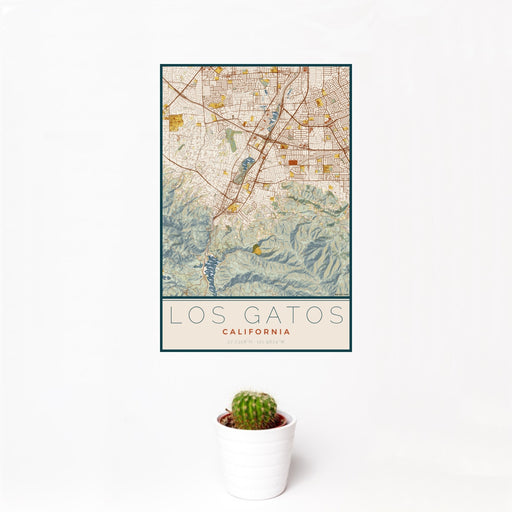 12x18 Los Gatos California Map Print Portrait Orientation in Woodblock Style With Small Cactus Plant in White Planter
